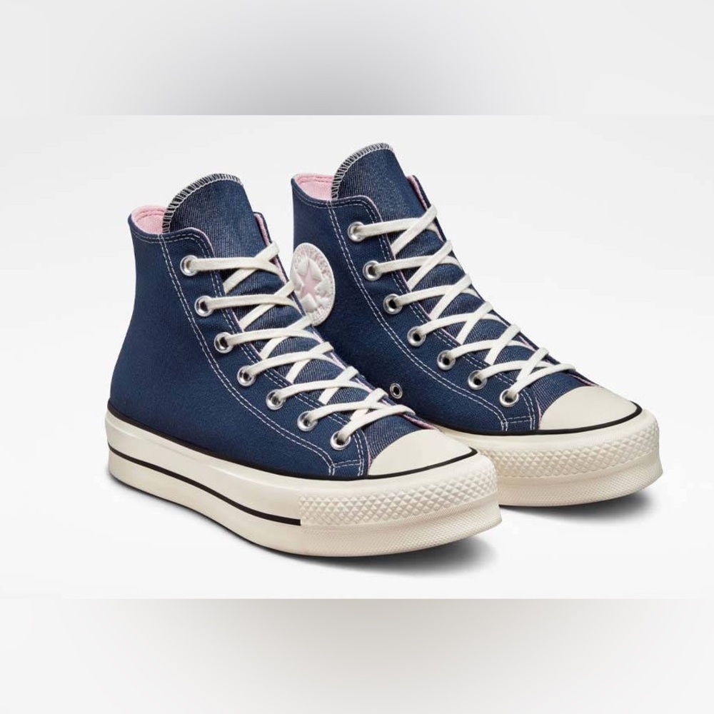 Navy Denim and Pink High-Top Sneakers